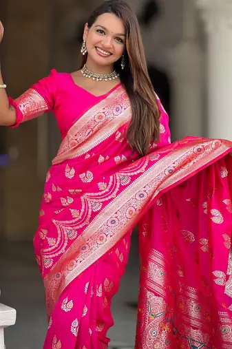 Pink soft silk blend saree with zari weaving meenakari design
