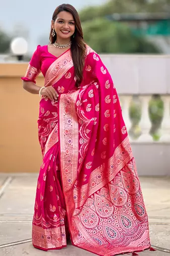 Pink soft silk blend saree with zari weaving meenakari design