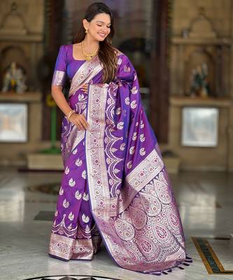 Purple soft silk blend saree with zari weaving meenakari design 1