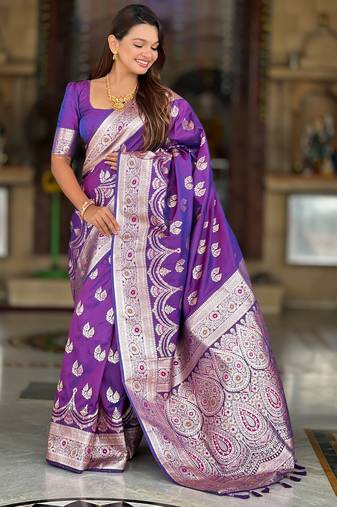 Purple soft silk blend saree with zari weaving meenakari design