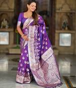 Purple soft silk blend saree with zari weaving meenakari design