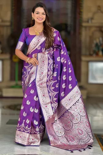 Purple soft silk blend saree with zari weaving meenakari design