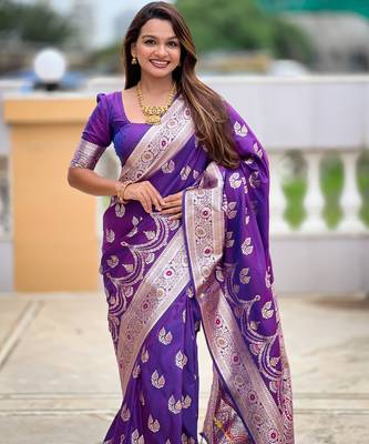 Purple soft silk blend saree with zari weaving meenakari design 4