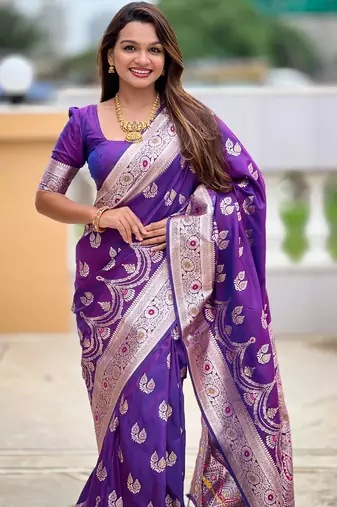 Purple soft silk blend saree with zari weaving meenakari design