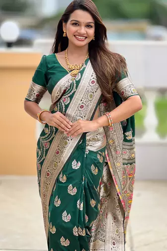 Green soft silk blend saree with zari weaving meenakari design