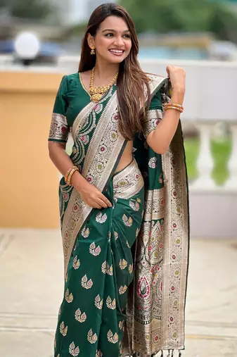Green soft silk blend saree with zari weaving meenakari design
