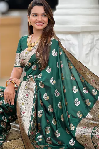 Green soft silk blend saree with zari weaving meenakari design