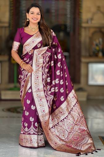 Wine soft silk blend saree with zari weaving meenakari design
