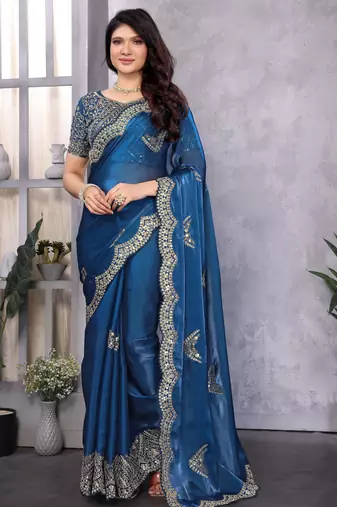 Blue shimmer chiffon embroidered saree with blouse piece