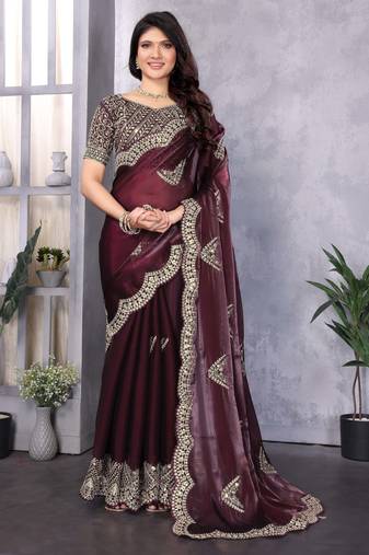 Burgundy shimmer chiffon embroidered saree with blouse piece