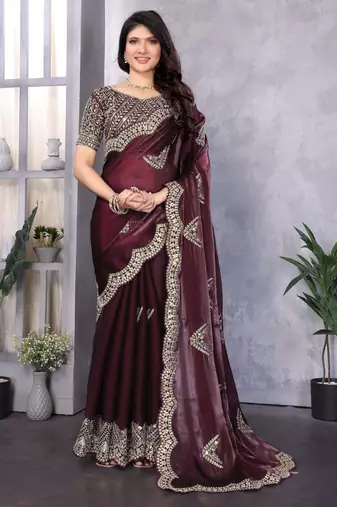 Burgundy shimmer chiffon embroidered saree with blouse piece