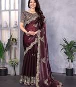 Burgundy shimmer chiffon embroidered saree with blouse piece