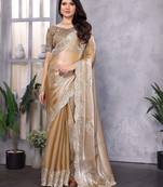 Cream shimmer chiffon embroidered saree with blouse piece