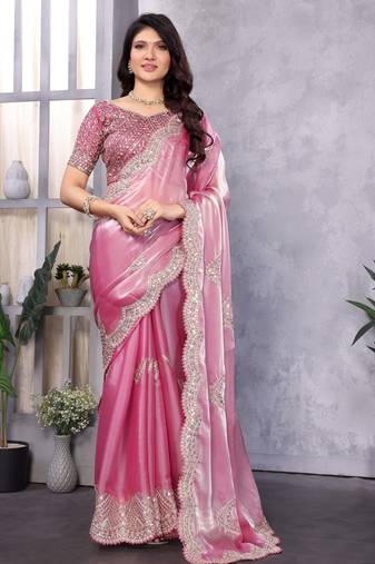 Light pink shimmer chiffon embroidered saree with blouse piece