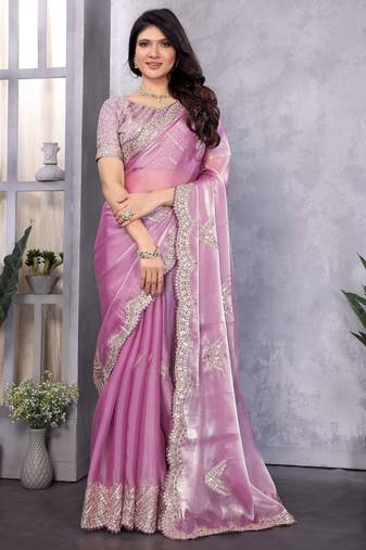 Mauve shimmer chiffon embroidered saree with blouse piece