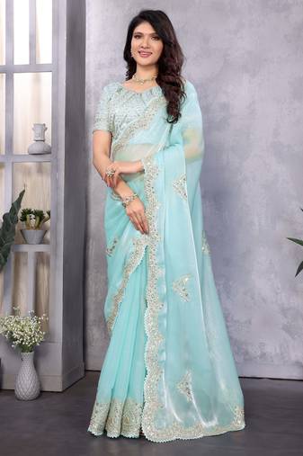 Sky blue shimmer chiffon embroidered saree with blouse piece