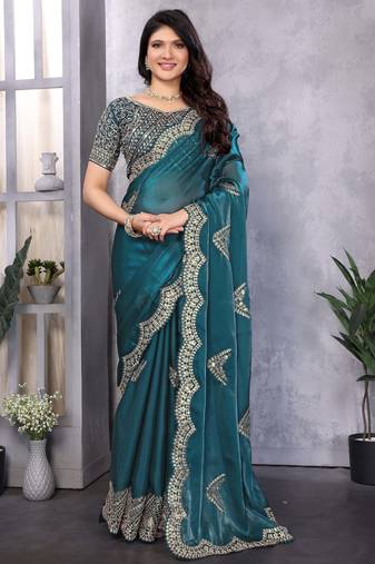 Teal shimmer chiffon embroidered saree with blouse piece