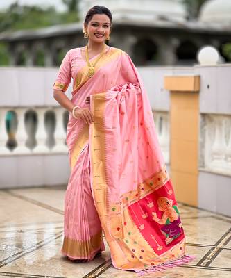 Bebby pink silk blend saree with paithani rich weaved pallu and blouse 1