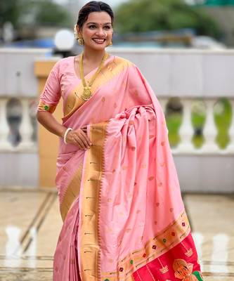 Bebby pink silk blend saree with paithani rich weaved pallu and blouse 2