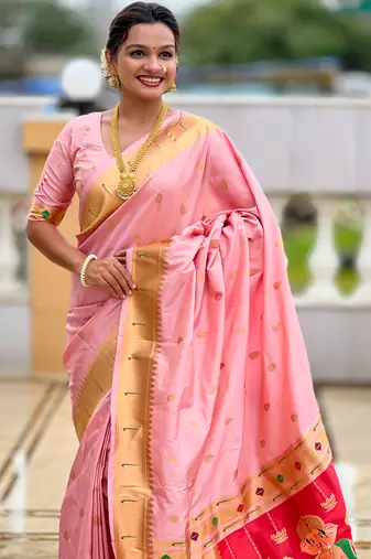 Bebby pink silk blend saree with paithani rich weaved pallu and blouse