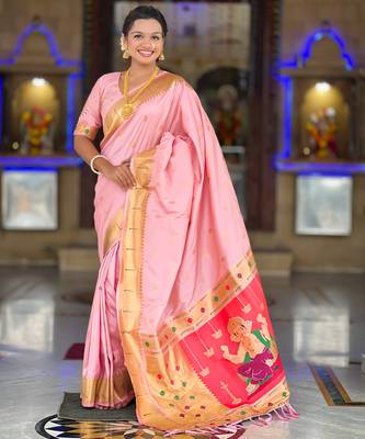 Bebby pink silk blend saree with paithani rich weaved pallu and blouse 4