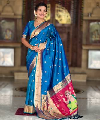 Teal blue silk blend saree with paithani rich weaved pallu and blouse 1