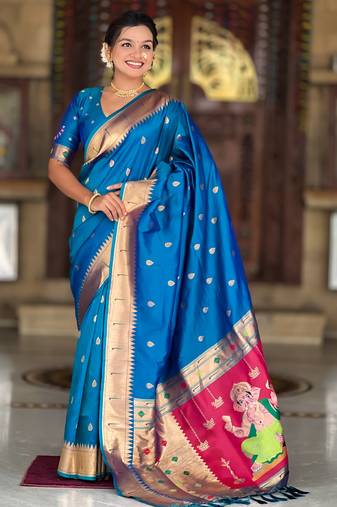 Teal blue silk blend saree with paithani rich weaved pallu and blouse