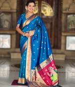 Teal blue silk blend saree with paithani rich weaved pallu and blouse