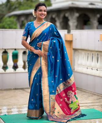 Teal blue silk blend saree with paithani rich weaved pallu and blouse 3