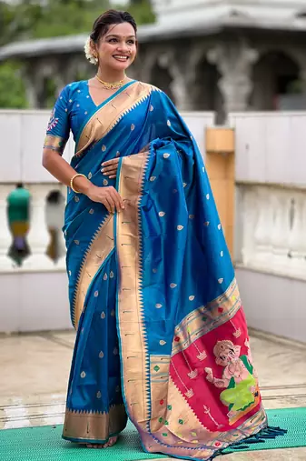Teal blue silk blend saree with paithani rich weaved pallu and blouse