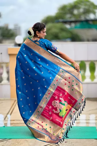 Teal blue silk blend saree with paithani rich weaved pallu and blouse