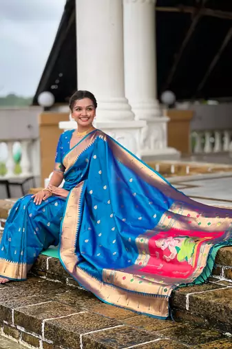 Teal blue silk blend saree with paithani rich weaved pallu and blouse