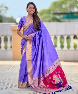 Lavender silk blend saree with paithani rich weaved pallu and blouse 3