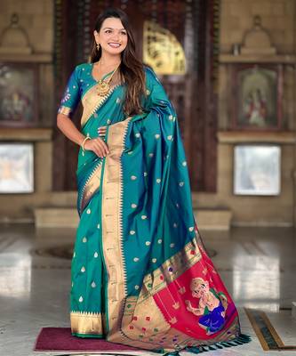 Rama silk blend saree with paithani rich weaved pallu and blouse 1