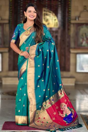 Rama silk blend saree with paithani rich weaved pallu and blouse