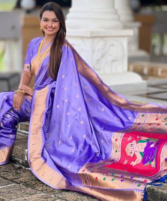 Lavender silk blend saree with paithani rich weaved pallu and blouse 4