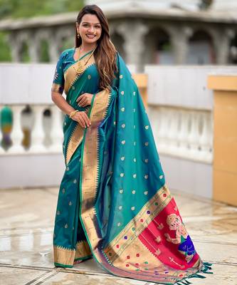 Rama silk blend saree with paithani rich weaved pallu and blouse 3