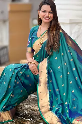 Rama silk blend saree with paithani rich weaved pallu and blouse