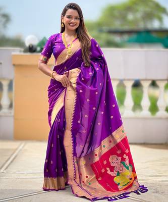Magenta silk blend saree with paithani rich weaved pallu and blouse 3
