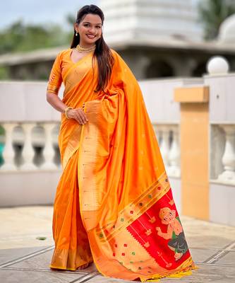 Orange silk blend saree with paithani rich weaved pallu and blouse 3