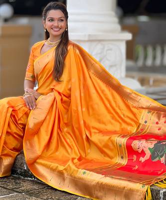 Orange silk blend saree with paithani rich weaved pallu and blouse 4