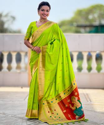 Parrot green silk blend saree with paithani rich weaved pallu and blouse 1