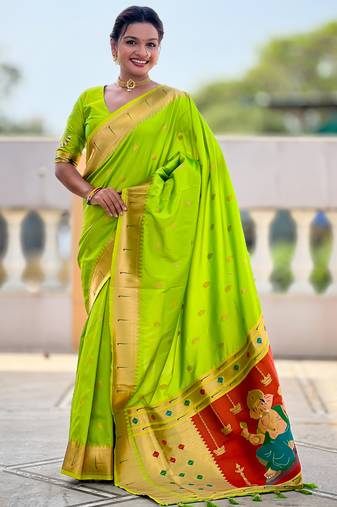 Parrot green silk blend saree with paithani rich weaved pallu and blouse