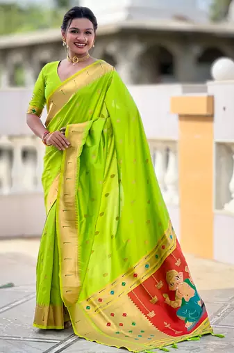 Parrot green silk blend saree with paithani rich weaved pallu and blouse