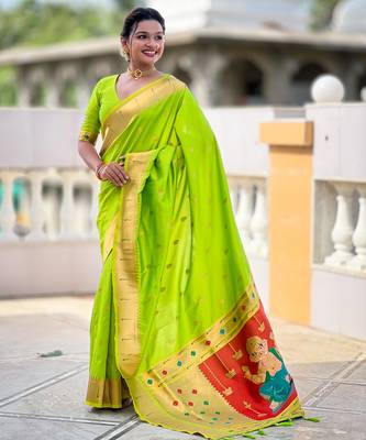 Parrot green silk blend saree with paithani rich weaved pallu and blouse 3