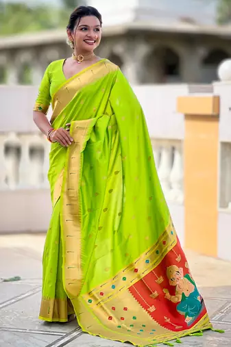 Parrot green silk blend saree with paithani rich weaved pallu and blouse