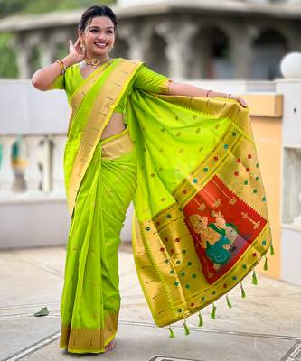 Parrot green silk blend saree with paithani rich weaved pallu and blouse 5