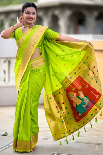 Parrot green silk blend saree with paithani rich weaved pallu and blouse
