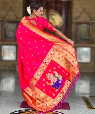 Rani pink silk blend saree with paithani rich weaved pallu and blouse 2