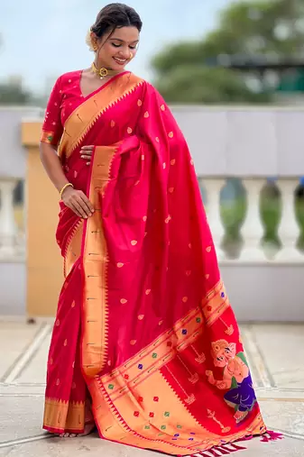 Rani pink silk blend saree with paithani rich weaved pallu and blouse
